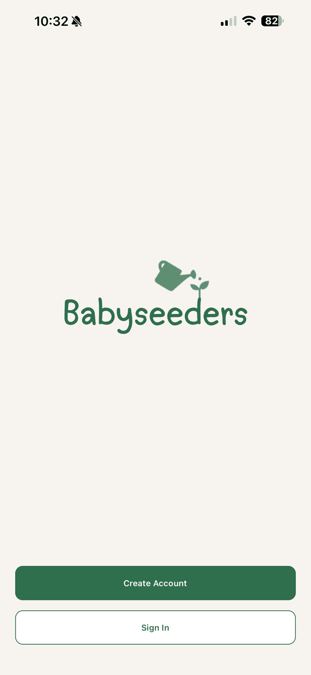 Babyseeders splash screen with logo and Create Account / Sign In actions