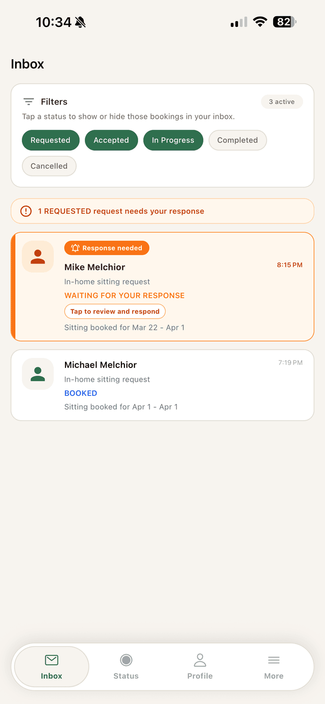 Sitter inbox showing a REQUESTED booking with a Response needed badge