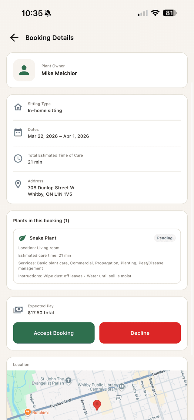 Booking details screen with sitting type, dates, plant info, expected pay, and Accept/Decline buttons
