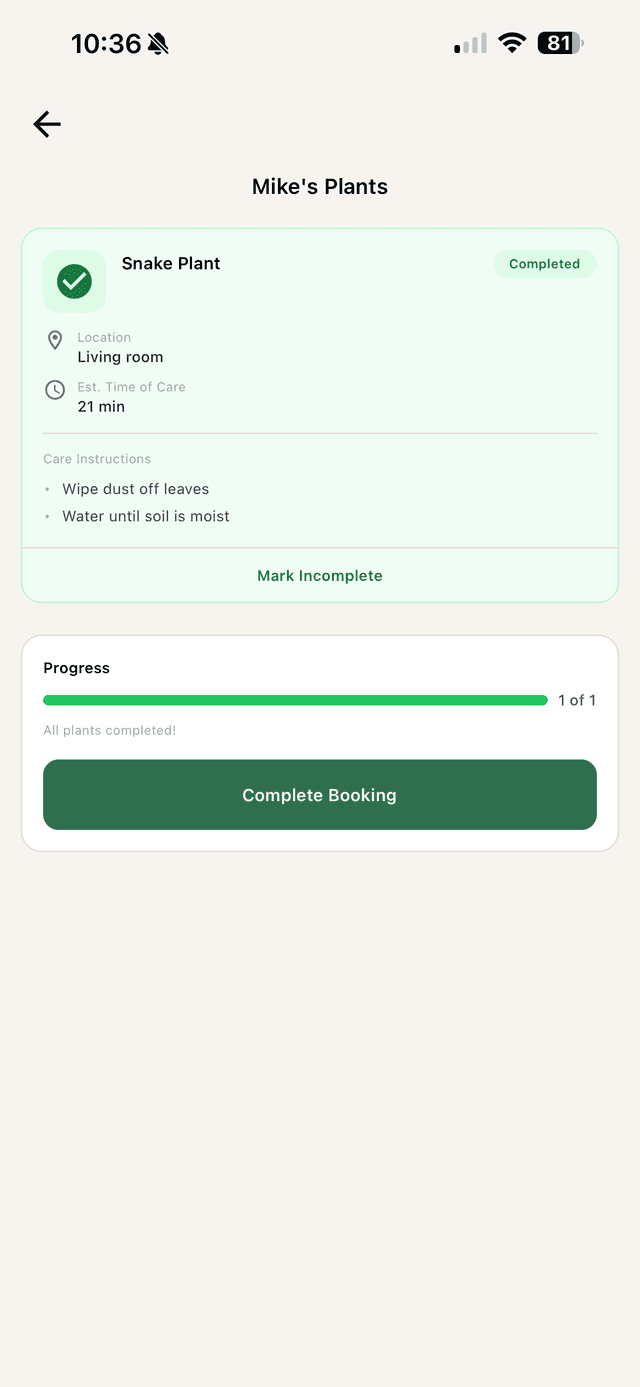Plant care tracking screen showing a completed plant and Complete Booking action