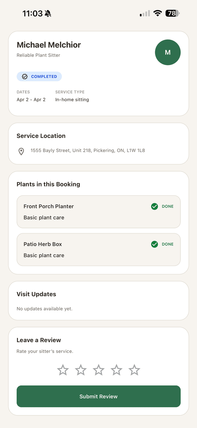 Completed booking summary with star rating and Submit Review action
